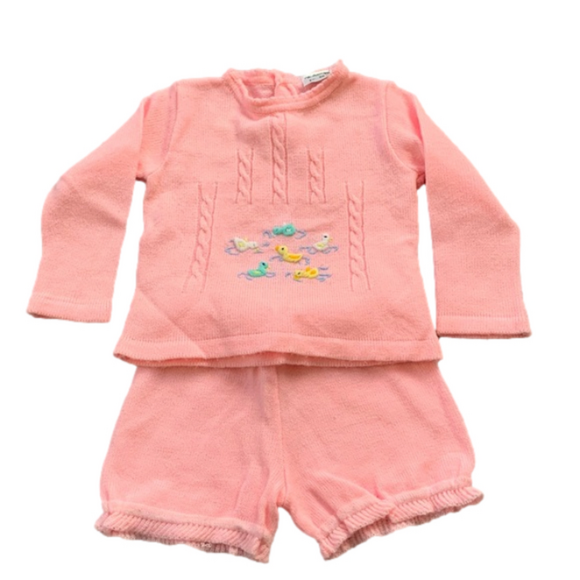 Vintage 70s Mothercare Pink Knit Embroidered Duck Sweater Set 12 Months - Picture 1 of 5
